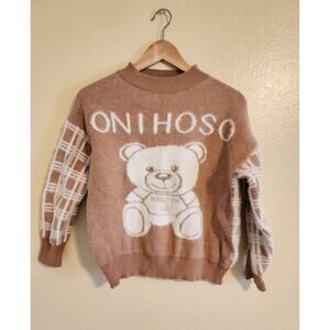 Women's Soft Fuzzy Brown Plaid Sweater with Teddy Bear Motif - no tags